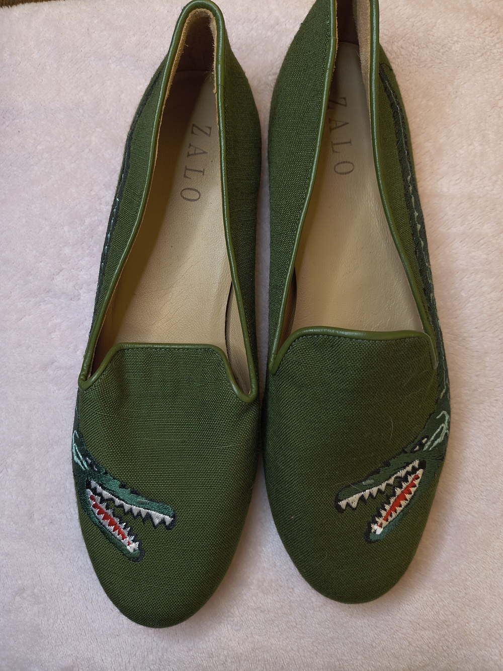 Zalo Green Canvas Dragon Embroidered Loafers